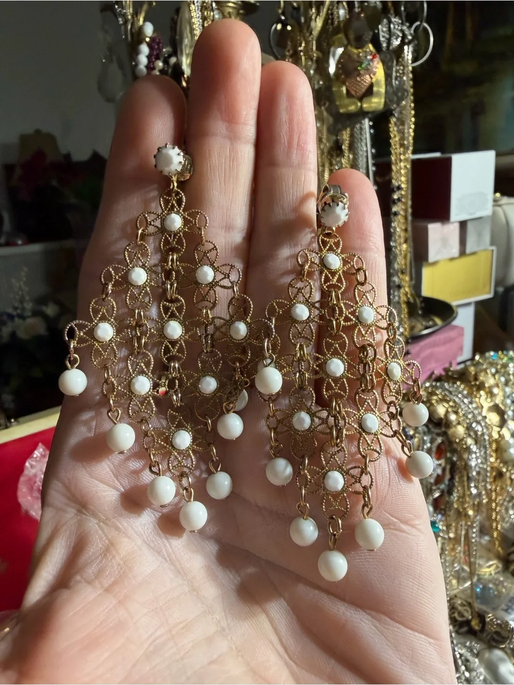 vintage gold-tone filigree chandelier earrings